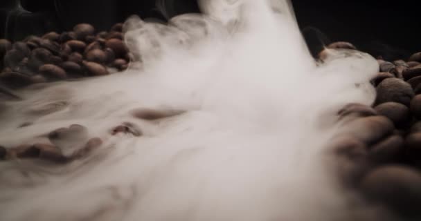 Siyah Arka Planda Kahve Çekirdekleri Üzerinde Kavrulmuş Sigara Içerken Çekilmiş — Stok video