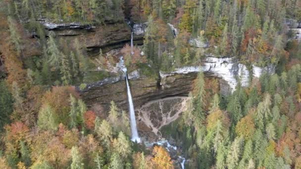 Luft Breit Geschossen Wasser Fallende Klippen Fluss Bach Bergwald Bäume — Stockvideo