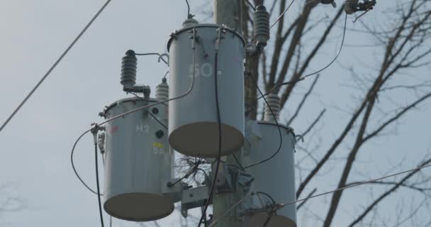 Primo Piano Tre Trasformatori Idroelettrici Montati Palo Idroelettrico Legno Mezzo — Video Stock