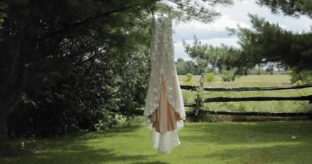 美丽的设计师婚纱在微风中摇曳着 挂在斯特拉斯米尔婚宴中心后院的一棵松树上 — 图库视频影像