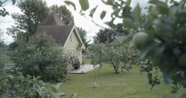 从果园里一棵美丽的苹果树后面走出来 在斯特拉斯米尔婚礼和活动中心的一座漂亮的花园房子里 你可以看到它 — 图库视频影像