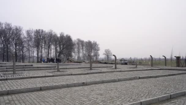 Turister Ved Gasskammeret Birkenau Konsentrasjonsleir Del Auschwitz Komplekset – stockvideo