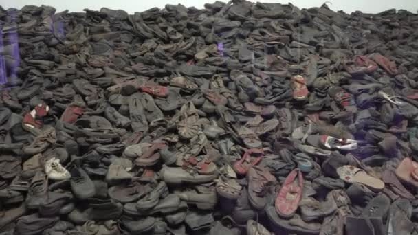 Schoenen Tentoongesteld Het Concentratiekamp Auschwitz Museum — Stockvideo