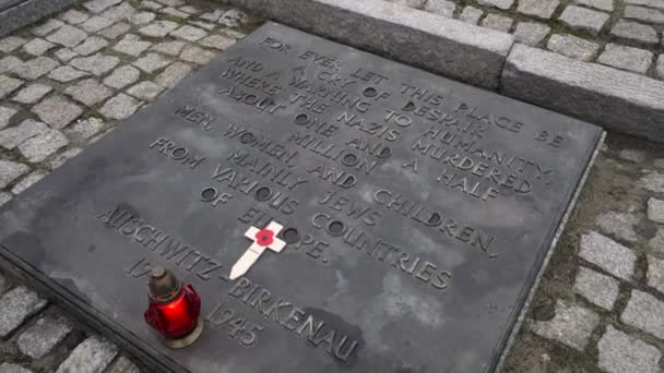 Primo Piano Della Targa Commemorativa Nel Campo Concentramento Birkenau Parte — Video Stock