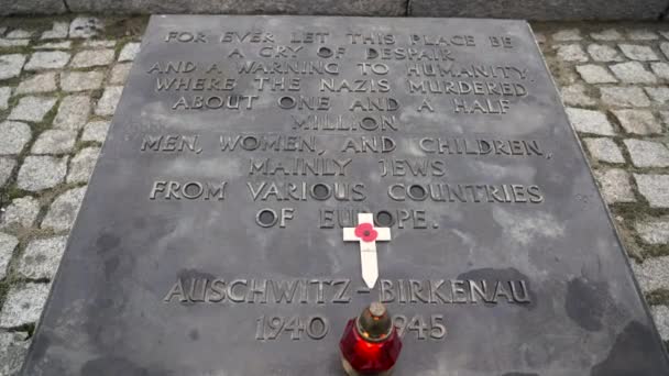 Sluiten Van Gedenkplaat Kaars Concentratiekamp Birkenau Onderdeel Van Het Auschwitz — Stockvideo