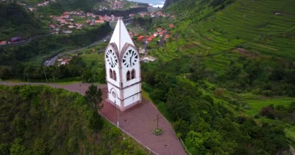 Letecký Pohled Věž Kaple Panny Marie Fatimy Ostrově Madeira Portugalsko — Stock video