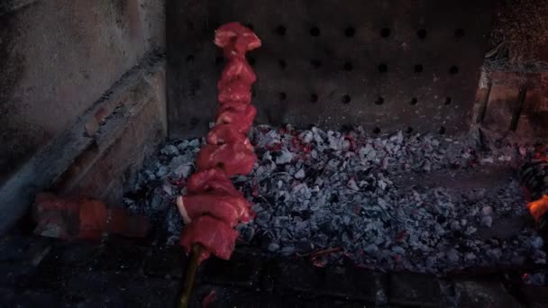 Cubos Carne Skewer Listo Para Asar Parrilla Sobre Carbón Con — Vídeos de Stock