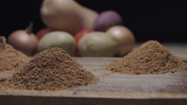 Close Left Pan Spice Heaps Vegetable Background — Stock Video