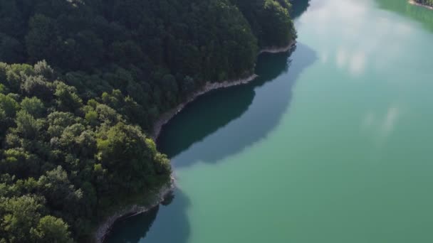 午後の早い時間にルーマニアのドフタナ渓谷の穏やかな湖パルティヌを打つ美しい森の空中傾斜 — ストック動画