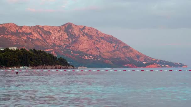 Czarnogóra Zachód Słońca Lapse Plaża Góry Red Bay — Wideo stockowe