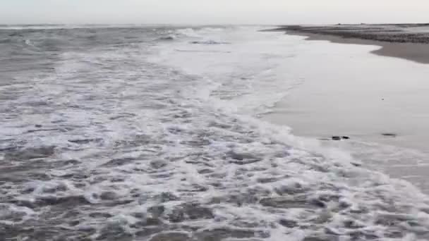 Vlny Blíží Písečné Pláži Zataženo Chladno Pobřeží Dánska Voda Moři — Stock video