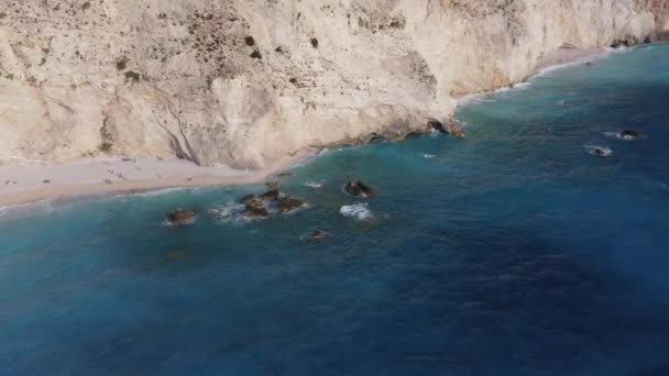 Aerial Porto Katsiki Sea Beach Rocky Cliff Lefkada Greece Drone — Stock Video