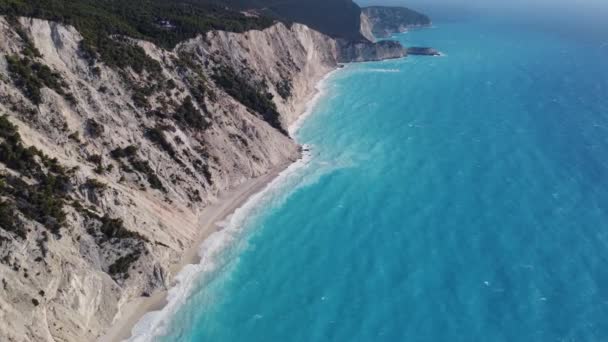 Kustlijn Van Egremni Beach Ionisch Eiland Lefkada Griekenland Luchtfoto Bekijken — Stockvideo