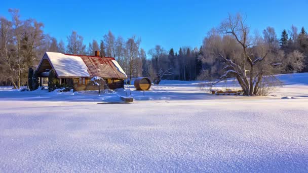 Chalet Montaña Termomadera Campo Cubierto Nieve Invierno Casa Camarote Arquitectura — Vídeo de stock