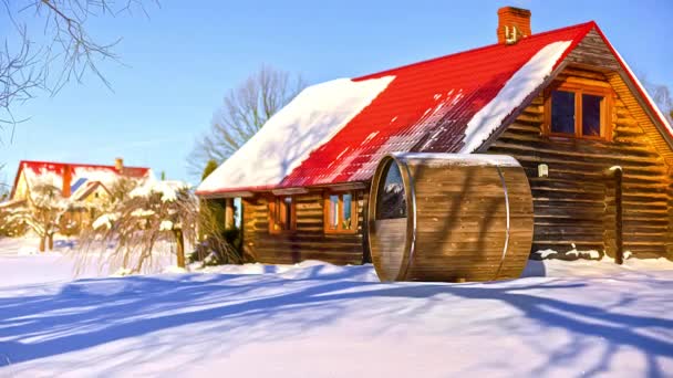 Sauna Barril Tradicional Fora Cabine Madeira Dia Ensolarado Inverno Grande — Vídeo de Stock