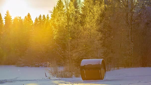 Small Thermowood Structure Snowy Landscape Daybreak Sundown Time Lapse — Stock Video