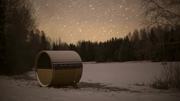 Night Day Timelapse Frozen Scape Surrounded Trees Thermowood Barrel Sauna — Stock Video