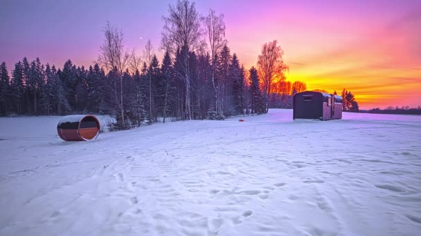 Vacker Dag Till Natt Tid Förflutit Snöig Vinter Landskap Och — Stockvideo