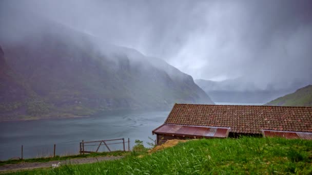 Tempo Nebbioso Sulla Campagna Fiordo Norvegese Zona Del Villaggio Flam — Video Stock