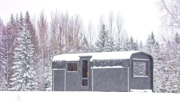 Czas Upłynął Strzał Drewniany Domek Apartament Otoczony Śnieżnym Krajobrazem Zimowym — Wideo stockowe