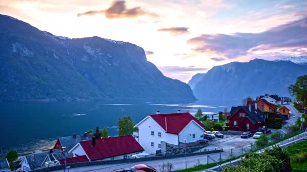 Tempo Pôr Sol Atrás Das Montanhas Flam Village Com Aurlandsfjords — Vídeo de Stock