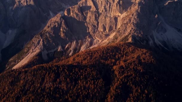 黄金の夕日を照らしながらイタリアのドロミテ アルプスの赤い色の森と山々を傾斜 プンタ スカルペリ自然公園 Tre Cime — ストック動画