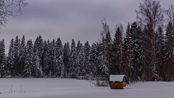 Middernacht Zonlicht Timelapse Rond Thermowood Cabine Verblijf — Stockvideo