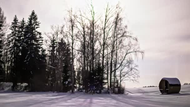 Olağandışı Işıl Işıl Kış Havası Termowood Kulübesi Yerinde Duruyor — Stok video