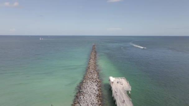 Aerial Rip Rap Breakwater South Pointe Park Pier Miami Florida — Stock Video