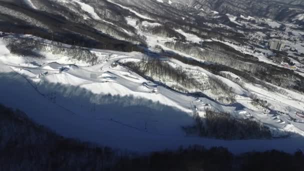 Vuelo Aéreo Hermosa Yongpyong Valle Del Dragón Estación Esquí Durante — Vídeo de stock