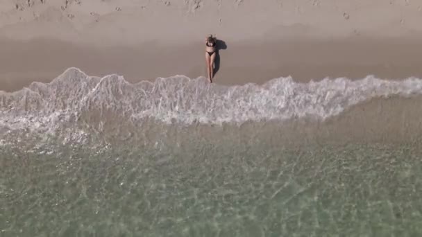 Vertical Aerial Young Caucasian Woman Bikini Warm Sandy Beach — Stock Video