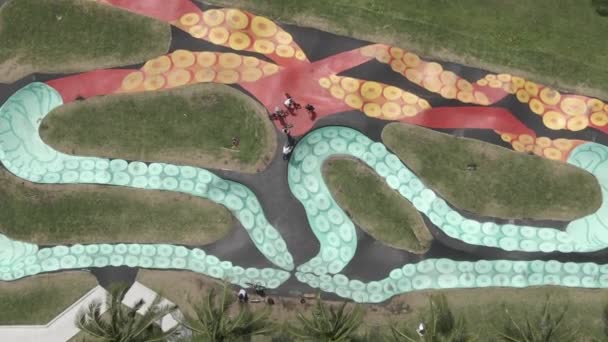 Deckenantenne Senkt Sich Zum Städtischen Skatepark Mit Bmx Kids Kunstwerk — Stockvideo