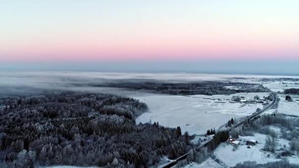 Luftaufnahme Von Verschneiten Dorf Und Wald Mit Pastellfarben Des Horizonts — Stockvideo