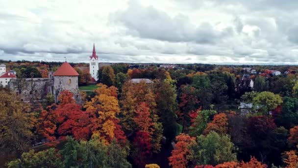 Drone Shot Flying Cesis Town Latvia Church Castle — Stock Video