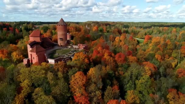 Luftaufnahme Der Mittelalterlichen Burg Turaida Sigulda Lettland Laub Von Bäumen — Stockvideo