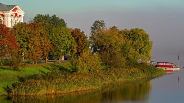 Relaxing Landscape Jelgava Castle Boats Anchored Pierce Trees Bushes Grow — Stock Video