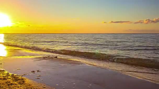 Golvend Water Van Oceaan Bereiken Zandstrand Reflecteren Door Gouden Zon — Stockvideo