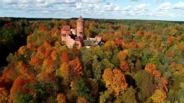 Widok Lotu Ptaka Zamek Turaida Lasem Jesienią Siguldzie Vidzeme Łotwa — Wideo stockowe