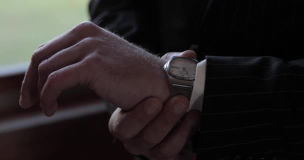 Bräutigam Schwarzen Anzug Passt Uhr Handgelenk Sie Gerade Halten Während — Stockvideo