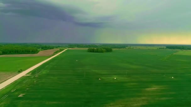 在穿过绿地的农村道路上 无人驾驶飞机从右到左射击 阴天空中俯瞰一片田野 — 图库视频影像