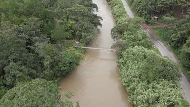 秘鲁丛林中狭窄道路和人行河桥的空中飞越 — 图库视频影像