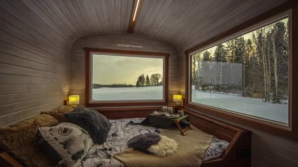 2012 Cozy Bed Thermowood Cabin Snowy Forest View Window 시간제한 — 비디오