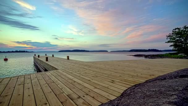 Moving Clouds Sky Sunset Tranquil Lake Wooden Jetty Low Level — Stock Video