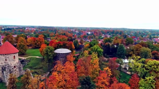 Zamek Cesis Kościół Luterański Otoczony Pięknymi Jesiennymi Drzewami Łotwie Antena — Wideo stockowe