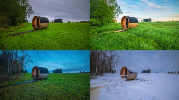 Time Lapse Shot Barrel Sauna Meadow Four Different Seasons Sunrise — Stock Video