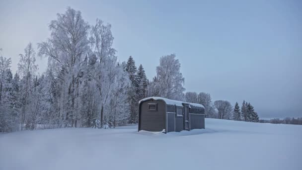 Scatto Statico Cabina Vacanza Legno Ricoperta Uno Spesso Strato Neve — Video Stock