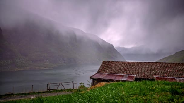 Misty Lake Water Con Casa Tranquilas Nubes Bajas Time Lapse — Vídeos de Stock