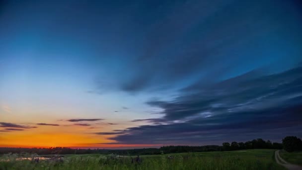 Timelapse Disparo Pastizales Verdes Ambos Lados Estrecho Camino Grava Campo — Vídeos de Stock