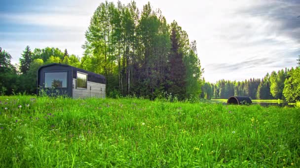 Static Shot Wooden Cottage Barrel Sauna Dark Clouds Passing Timelapse — Stock Video