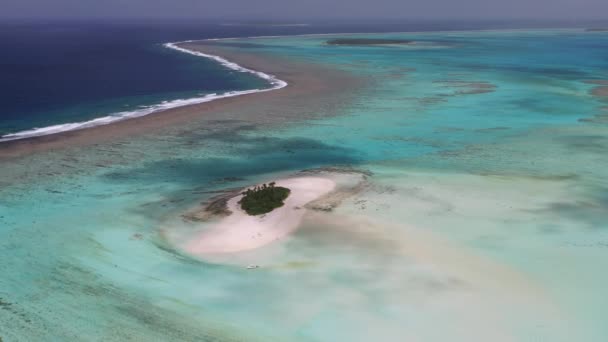 汤加王国广阔的浅海珊瑚礁系统的空中飞越 岛上有一个荒芜的小岛 有绿色棕榈树 岛上有小船和人 云经过岛屿 — 图库视频影像